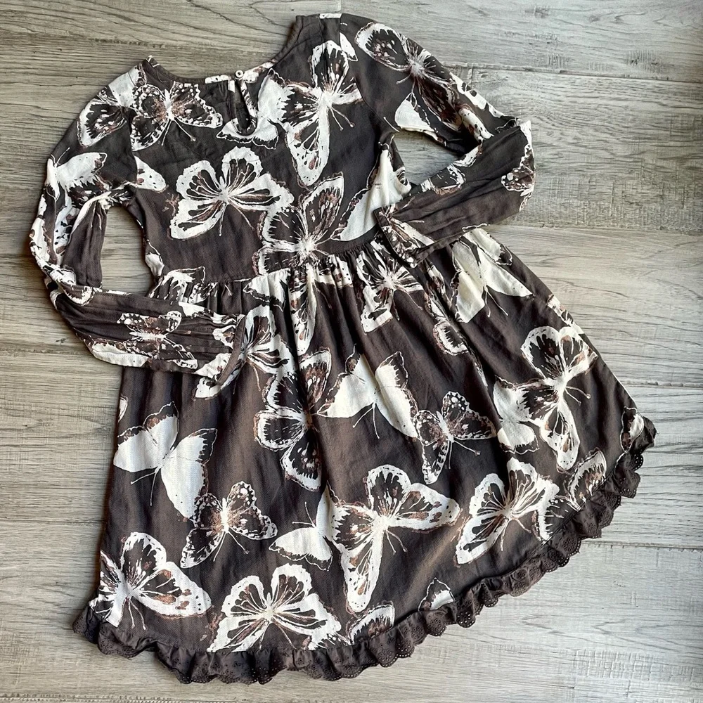 Girls Butterfly Print Dress 100% Cotton Long Sleeves Earth Tone Colors Lace SZ 9